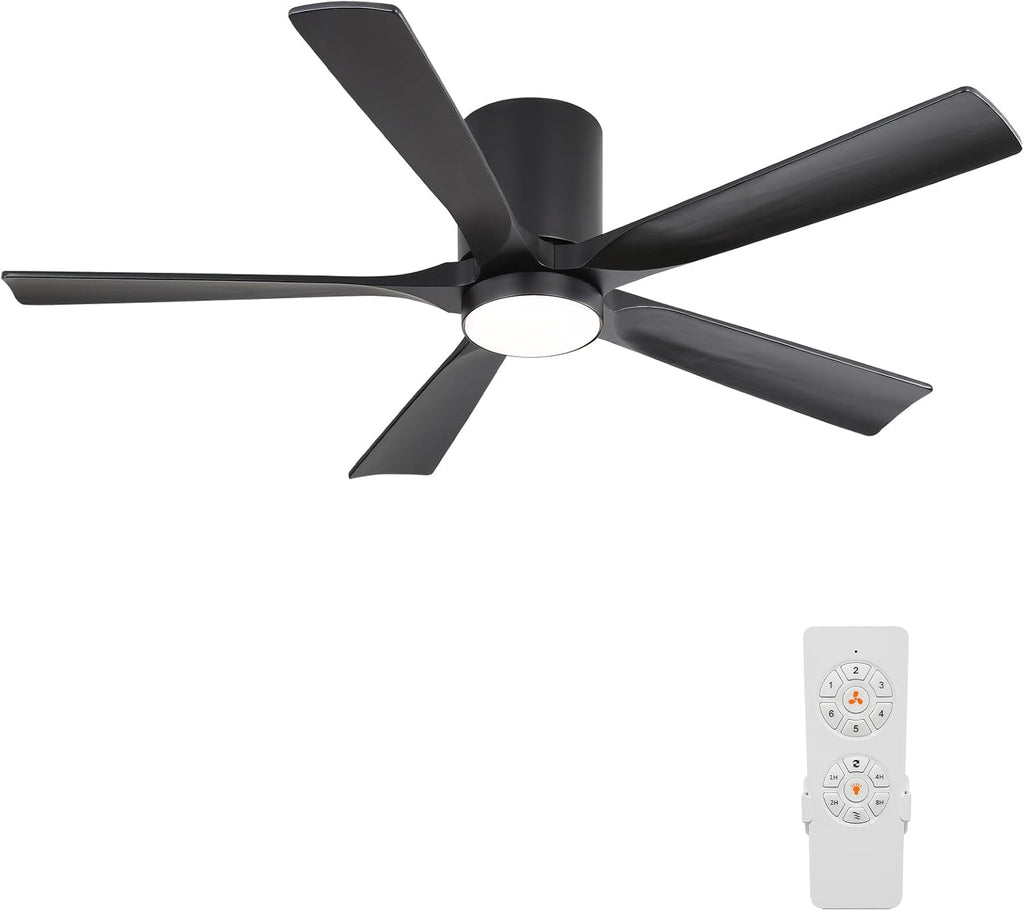 ELEHINSER 52 Inch Flush Mount Ceiling Fan with Lights, Low Profile Modern Ceiling Fan with Remote, Quiet DC Motor, 6-Speed, 3CCT,Timer, 5 Solid Wood Blades, Black