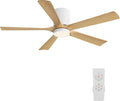 ELEHINSER 52 Inch Flush Mount Ceiling Fan with Lights, Low Profile Modern Ceiling Fan with Remote, Quiet DC Motor, 6-Speed, 3CCT,Timer, 5 Solid Wood Blades, White+Light Wood