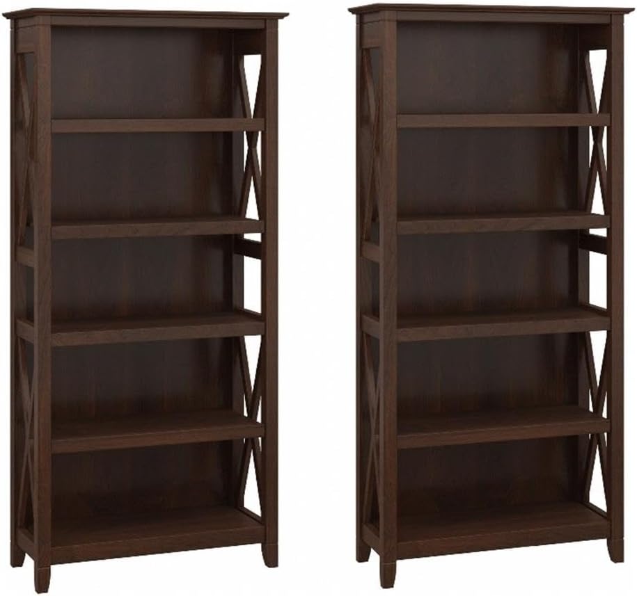 Bush Home Key West 5 Shelf Bookcase - Set of 2 | Tall Bookshelves in Bing Cherry | Sturdy Display Shelves for Library, Living Room, and Home Office
