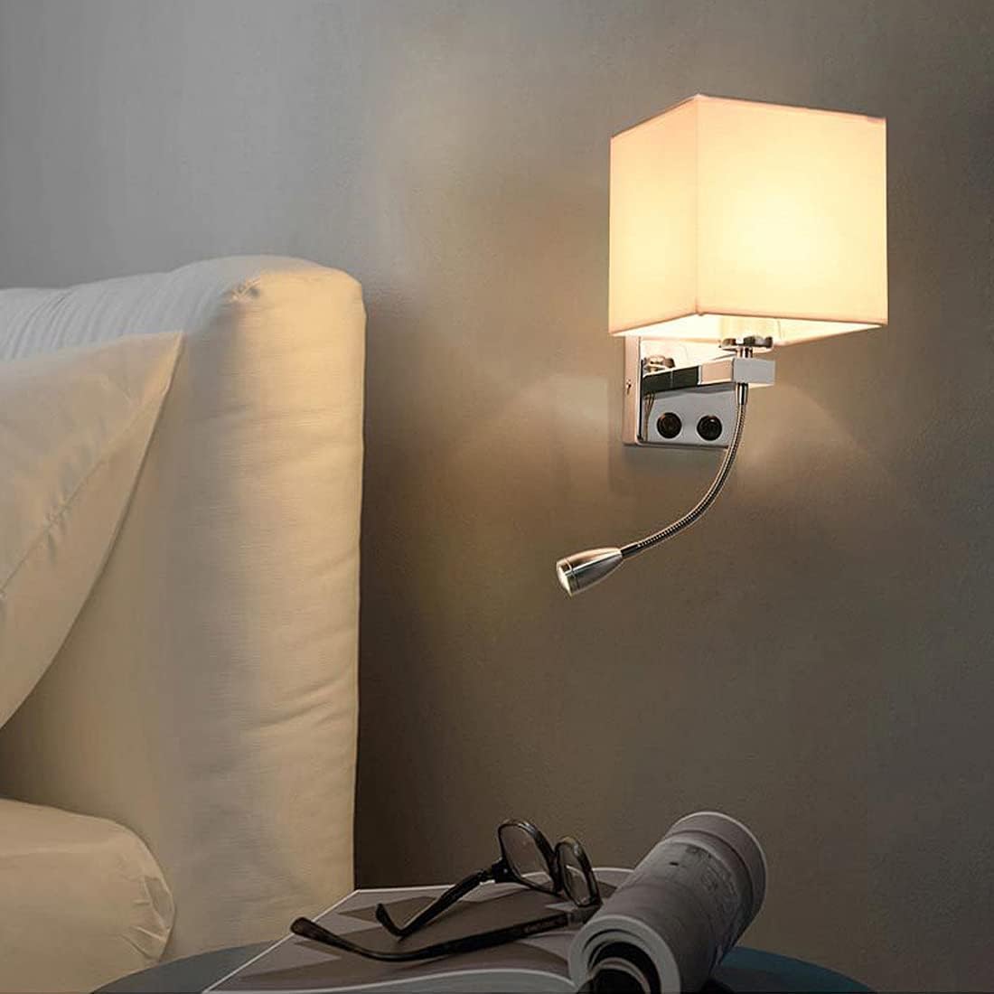 Wall Lamps with LED Reading Light, Bedside Sconce with Switch, Lamp Fabric Lampshade with 2 Points, Adjustable Indoor Spotlights, Brown