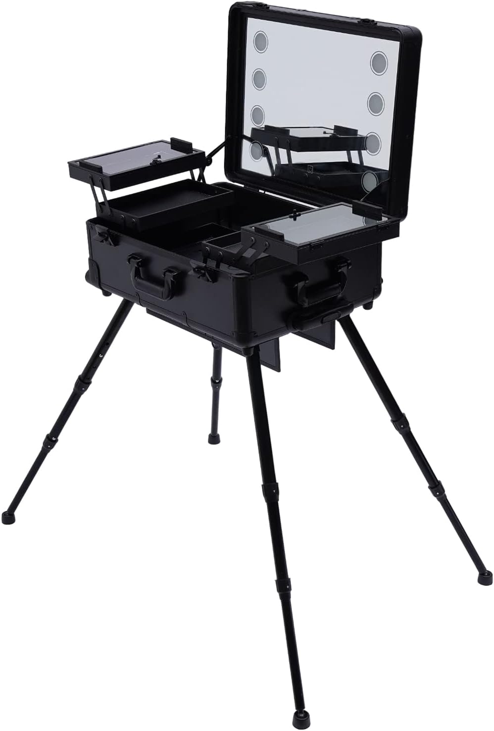 Rolling Makeup Case, Aluminum Trolley Makeup Train Case | LED Lights, Adjustable Legs, Lockable, Professional Cosmetic Organizer, Lighted Vanity Station