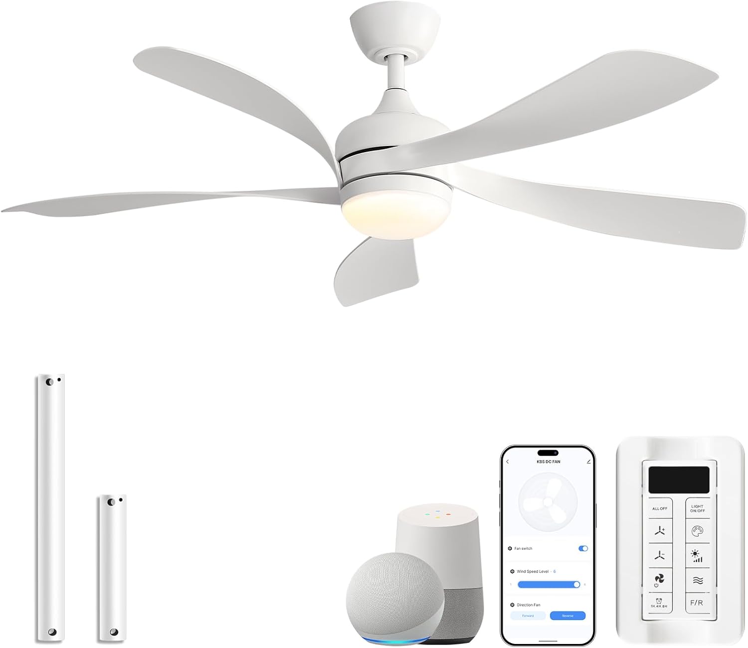 Sofucor 52' Smart Ceiling Fan, Indoor/Outdoor White Ceiling Fans with Lights and Remote, Works with Alexa/Google/App, 3-Color Light 6-Speed Timing Reversible DC Motor for Bedroom Living Room Patio