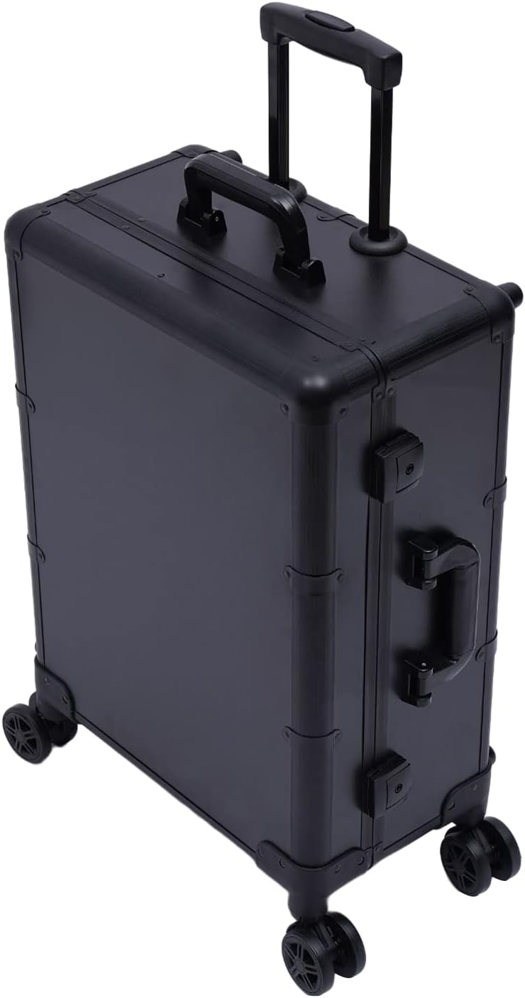 20' Aluminum Trolley Makeup Train Case with Mirror &LED Lights, Professional Cosmetic Organizer Makeup Suitcase with Wheels, Portable Makeup Vanity Rolling Vanity Makeup Station for Travel (Black)