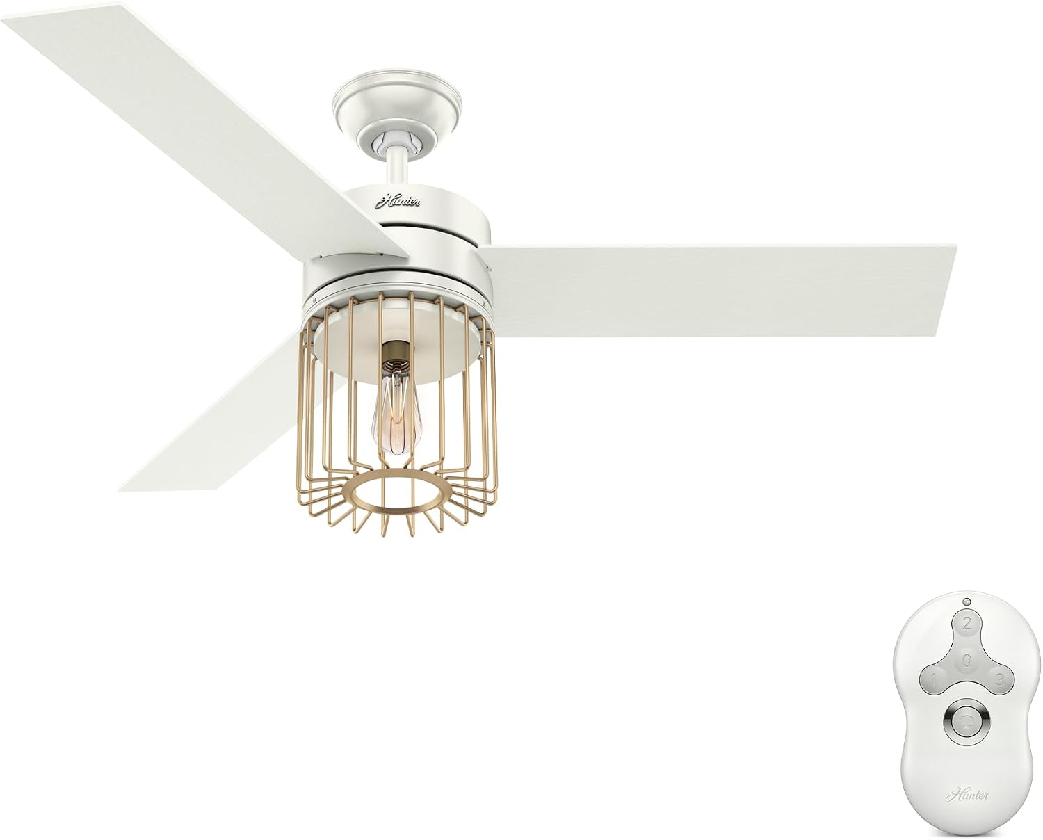 Hunter 52 inch Indoor Ceiling Fan with LED Light and Remote Control - Modern White Ceiling Fan, Standard Mount, 3 Blades, For Bedroom, Living Room, or Kitchen, Quiet - Ronan 59238, Fresh White