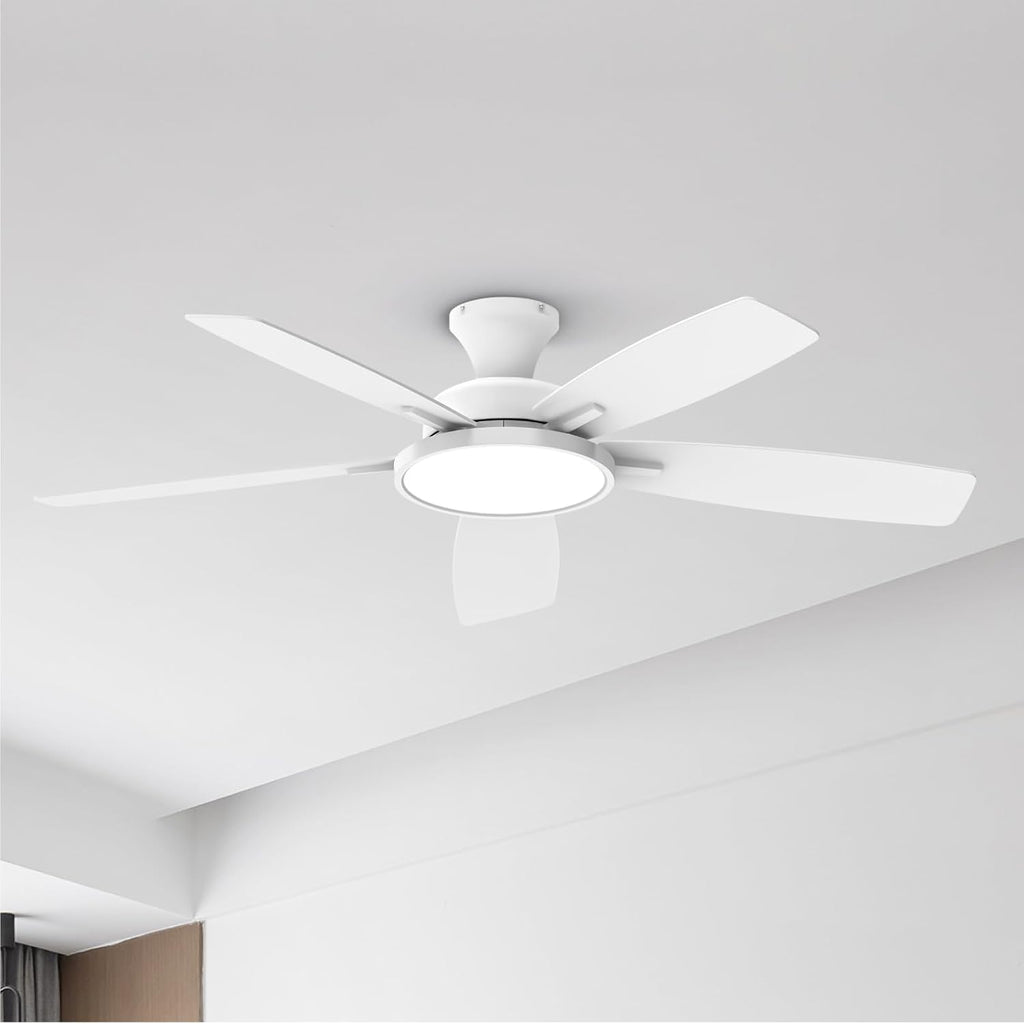 TALOYA 52 inch Ceiling Fans with Lights and Remote, Low Profile Ceiling Fan with Light, Flush Mount, Reversible, 3CCT, Dimmable, Ultra Quiet White Ceiling Fan for Bedroom Living Room Indoor Outdoor