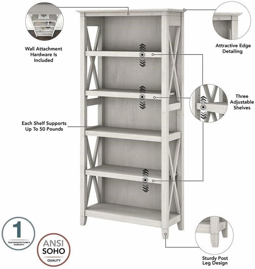 Bush Home Key West 54W Computer Desk with 2 Drawer Lateral File Cabinet and 5 Shelf Bookcase in Linen White Oak