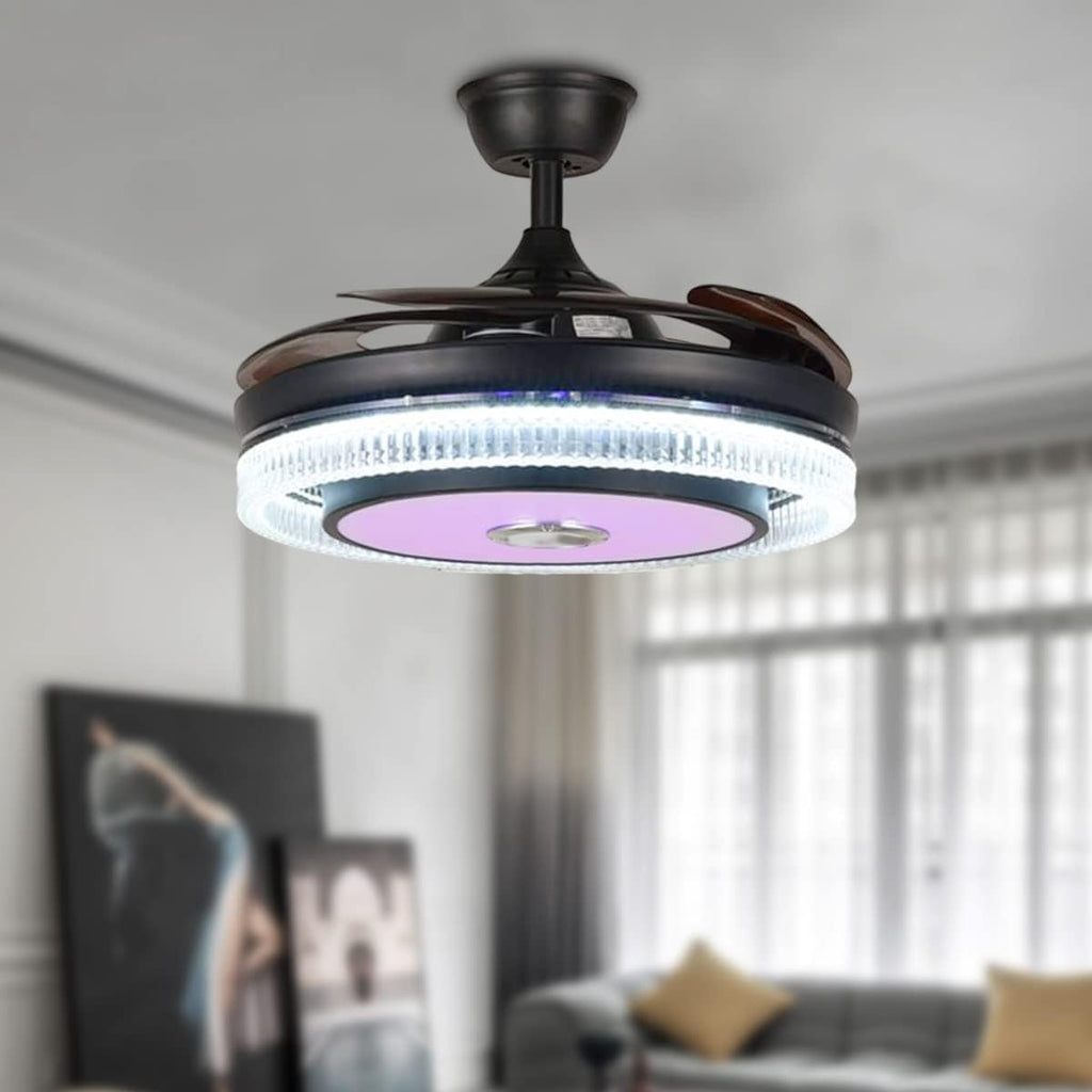 42' Retractable Fandelier Ceiling Fans with Lights Remote Control, Modern Crystal Chandelier Fan with Bluetooth Speaker 7 Dimmable 6 Speed Resverse Motor for Bedroom Living Dining Room, Black