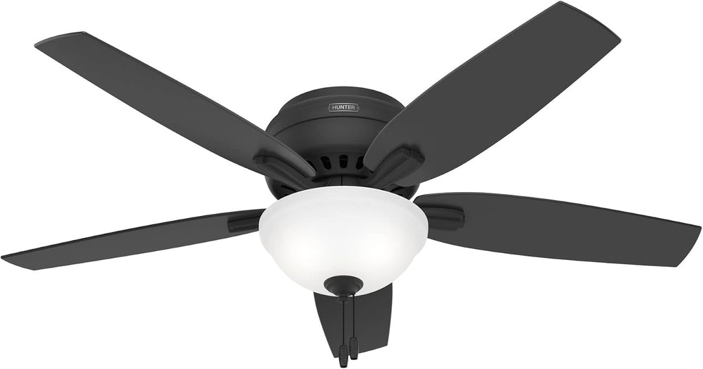 Hunter 52 inch Indoor Ceiling Fan with LED Light - Black Ceiling Fan with Pull Chain, For Bedroom or Living Room, Low Profile Flush Mount, 5 Blades, Includes Bulbs - Newsome 52396, Matte Black