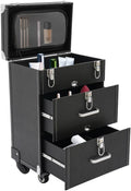 Rolling Makeup Case, Professional Makeup Trolley with 2 Large Drawers and Wheels Cosmetic Organizer Trolley for Studio or Travelling Nail Technician Artists Cosmetologist Stylist (Black, Silver)