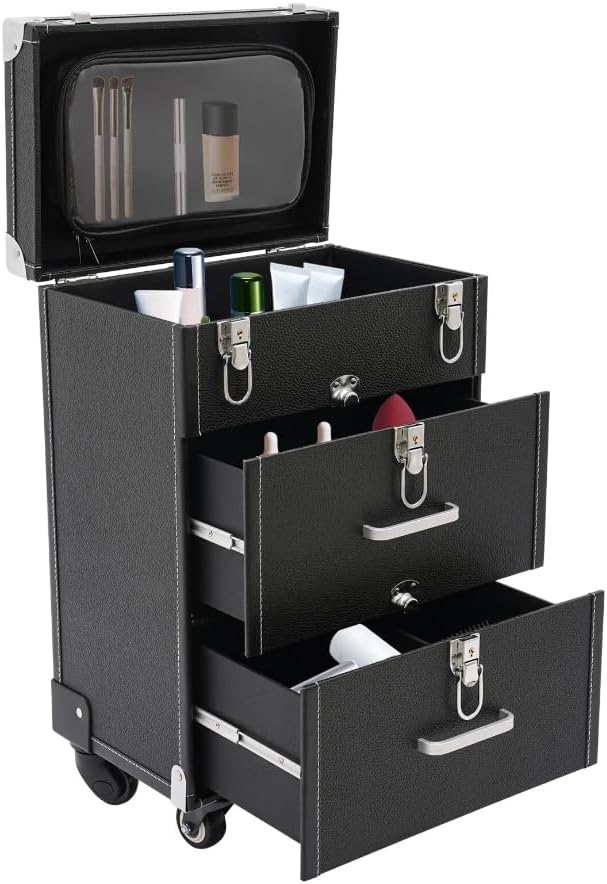 Rolling Makeup Case, Professional Makeup Trolley with 2 Large Drawers and Wheels Cosmetic Organizer Trolley for Studio or Travelling Nail Technician Artists Cosmetologist Stylist (Black, Silver)