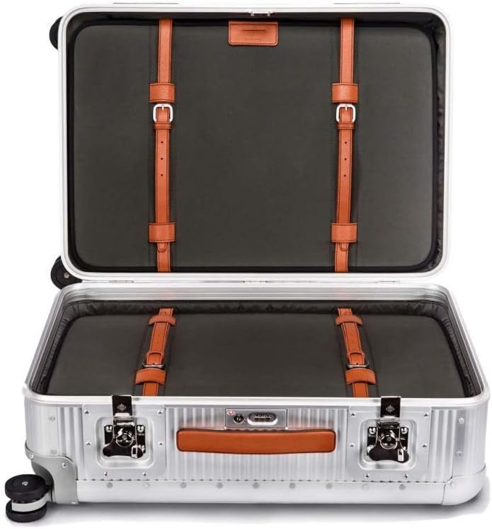 FPM MILANO Bank 26' - Made in Italy Aluminum & Leather Medium Checked Luggage - Framed Hardside Check-in Suitcase with 4 Spinner Wheels - Large Carry-on Travel Size - Moonlight Silver
