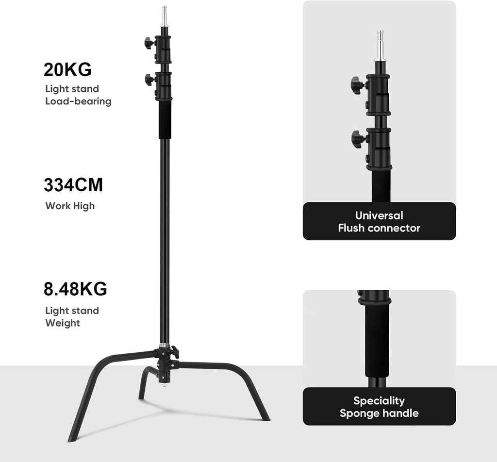 Heavy Duty C Stand C-Stand 10.8ft/330cm 100% Stainless Steel Photography C Stand with Boom Arm 4.2ft/128cm Carry Bag 44LB/20KG Adjustable Stable for Photography Studio Video Monolight Softbox Shooting