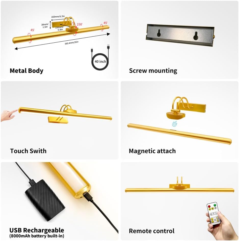 26' Wireless Picture Lights, Rechargeable Battery Art Display Light with Remote Control, Dimmable/Timer Off Dartboard Light, 3 Lighting Modes Full Metal Painting Display Lights (Gold-2 Pack)