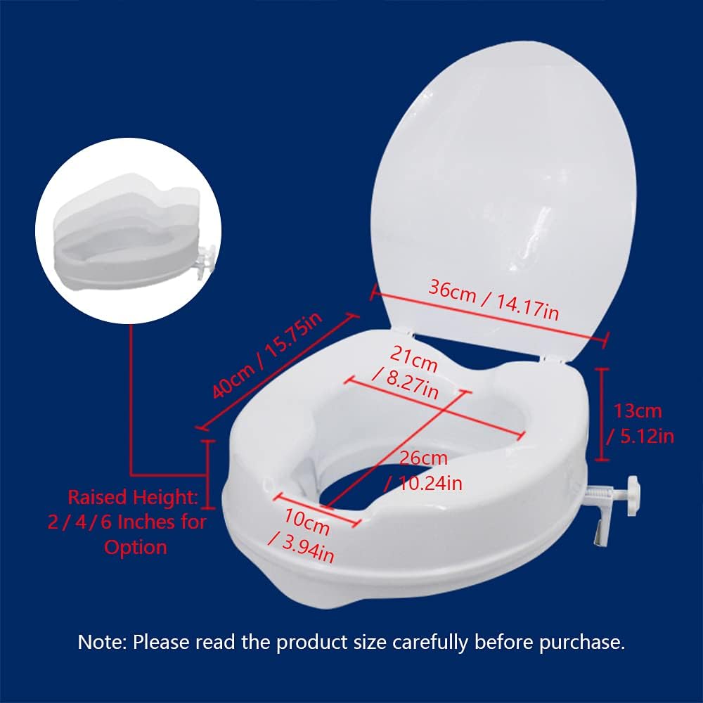 Raised Toilet Seat with Lid 300 Lbs Heavy Duty Elevated Toilet Seat with Tightening Clamps Raised Toilet Seats for Most Elongated Toilets (White, 6 Inches)