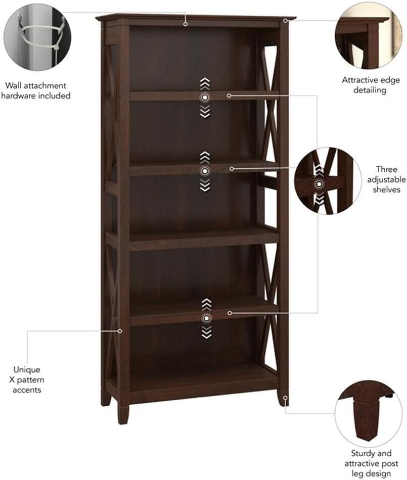 Bush Home Key West 5 Shelf Bookcase - Set of 2 | Tall Bookshelves in Bing Cherry | Sturdy Display Shelves for Library, Living Room, and Home Office