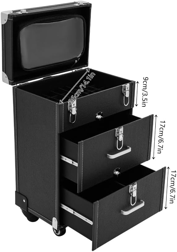 Rolling Makeup Case, Professional Makeup Trolley with 2 Large Drawers and Wheels Cosmetic Organizer Trolley for Studio or Travelling Nail Technician Artists Cosmetologist Stylist (Black, Silver)