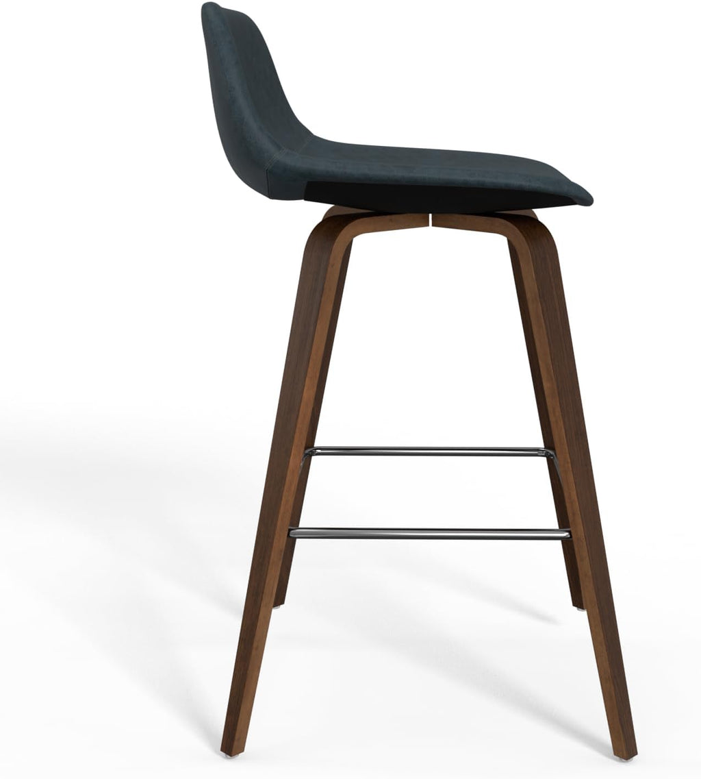 SIMPLIHOME Randolph Counter Stools (Set of 2) - 28 Inch Seat Height Upholstered Bentwood Kitchen Seats in Distressed Blue Vegan Faux Leather, Mid Century Seating with Curved Backrest and Footrest