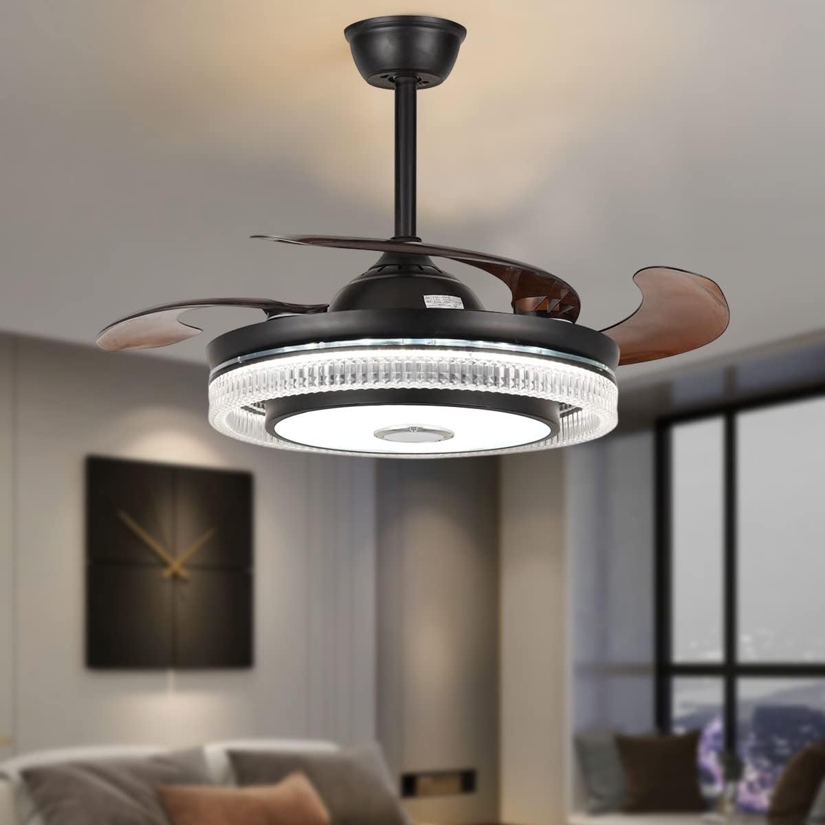 42' Retractable Fandelier Ceiling Fans with Lights Remote Control, Modern Crystal Chandelier Fan with Bluetooth Speaker 7 Dimmable 6 Speed Resverse Motor for Bedroom Living Dining Room, Black