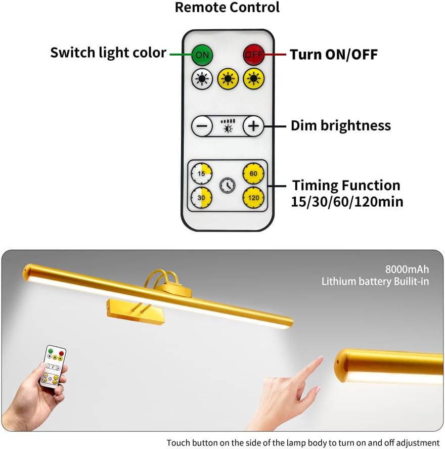 26' Wireless Picture Lights, Rechargeable Battery Art Display Light with Remote Control, Dimmable/Timer Off Dartboard Light, 3 Lighting Modes Full Metal Painting Display Lights (Gold-2 Pack)