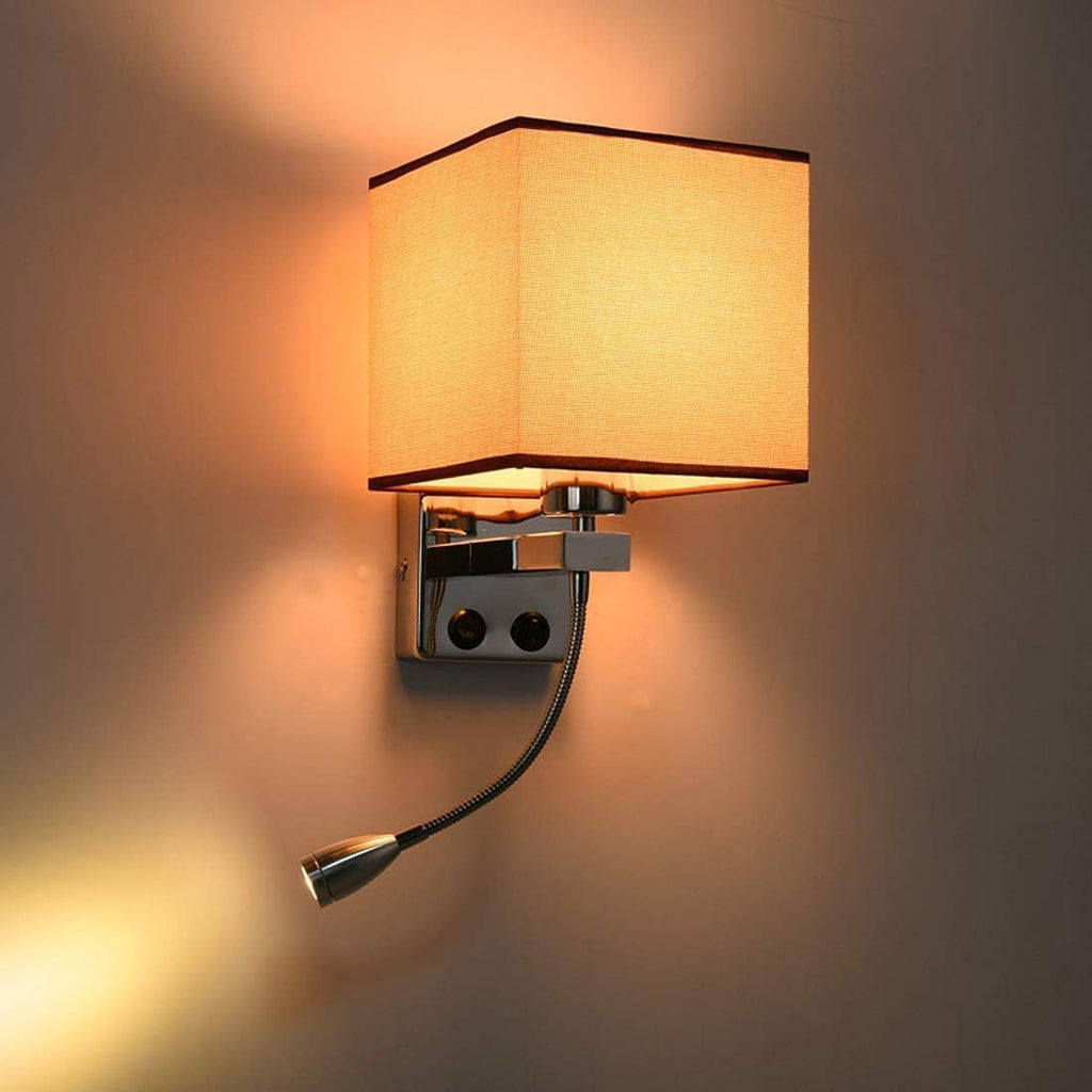 Wall Lamps with LED Reading Light, Bedside Sconce with Switch, Lamp Fabric Lampshade with 2 Points, Adjustable Indoor Spotlights, Brown