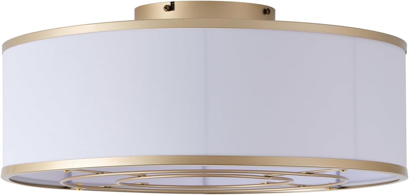 Caged Low Profile Ceiling Fans with Lights, Bladeless Ceiling Fan with lights Remote, Flush Mount Modern Enclosed with 6 Speeds for Bedroom, Kitchen (Gold)