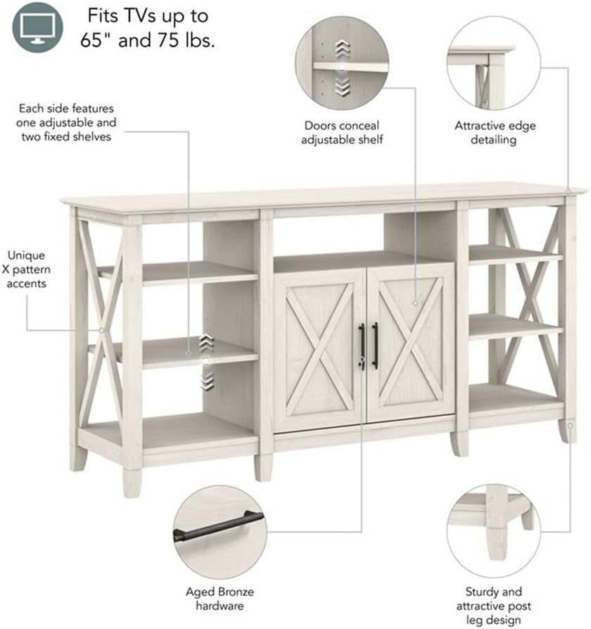 Bush Home Key West Tall TV Stand for 65 Inch TV in Linen White Oak, Farmhouse Entertainment Center with Storage