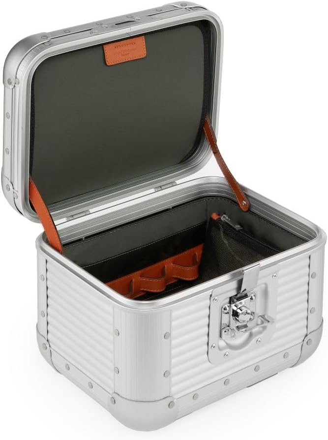 FPM MILANO Bank Vanity - Made in Italy Aluminum & Leather Framed Cosmetic Case - Personal Size - Moonlight Silver
