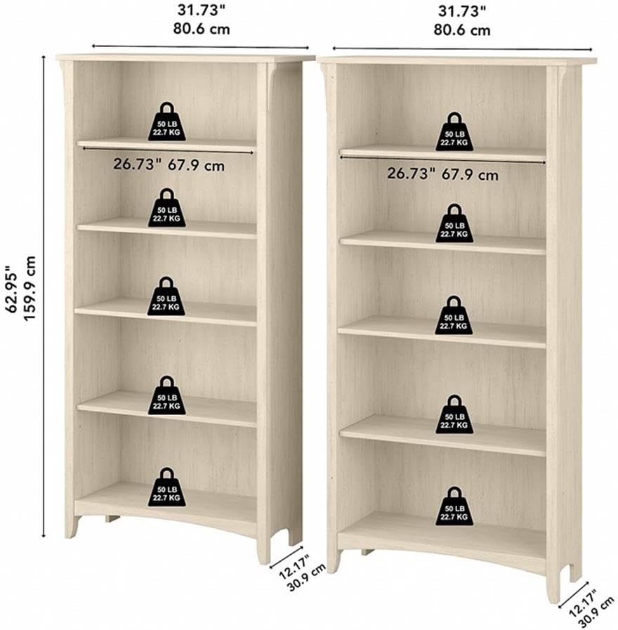Bush Home Salinas Tall 5 Shelf Bookcase - Set of 2 in Antique White, Vertical Office Storage, Bookshelves for Home Workspace, Multi-Purpose Shelving Units