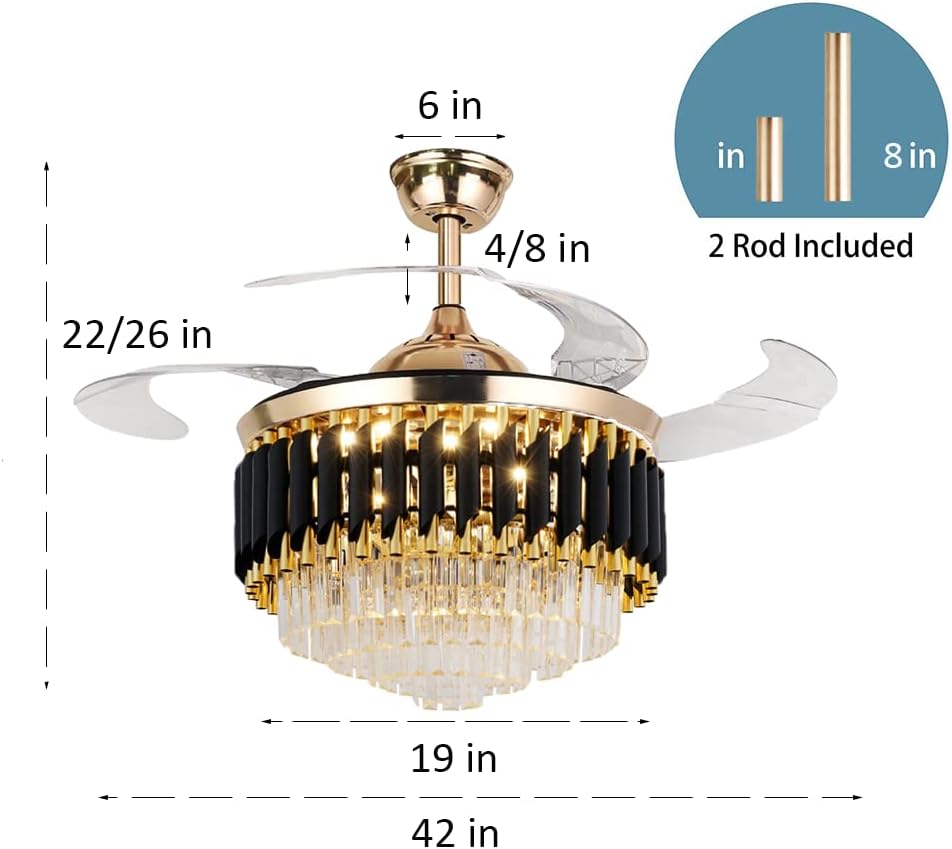 42' Crystal Chandelier Ceiling Fan and Remote, Gold Luxury Chandelier and Fan With 3 Colors 3 Speeds, Retractable Fandelier Ceiling Fan LED Light For Dinning Room Bedroom