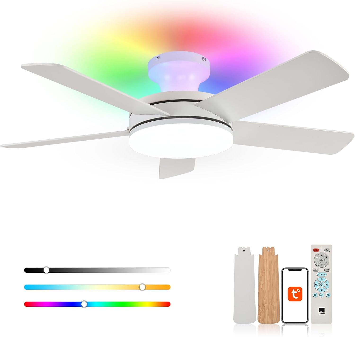 Orison Ceiling Fans with Lights, 45 Inch Low Profile Ceiling Fan with Light and Remote/APP Control, RGB Backlight & LED 3CCT Dimmable, DC Reversible Motor, 6 Speeds, 5 Reversible Blades White