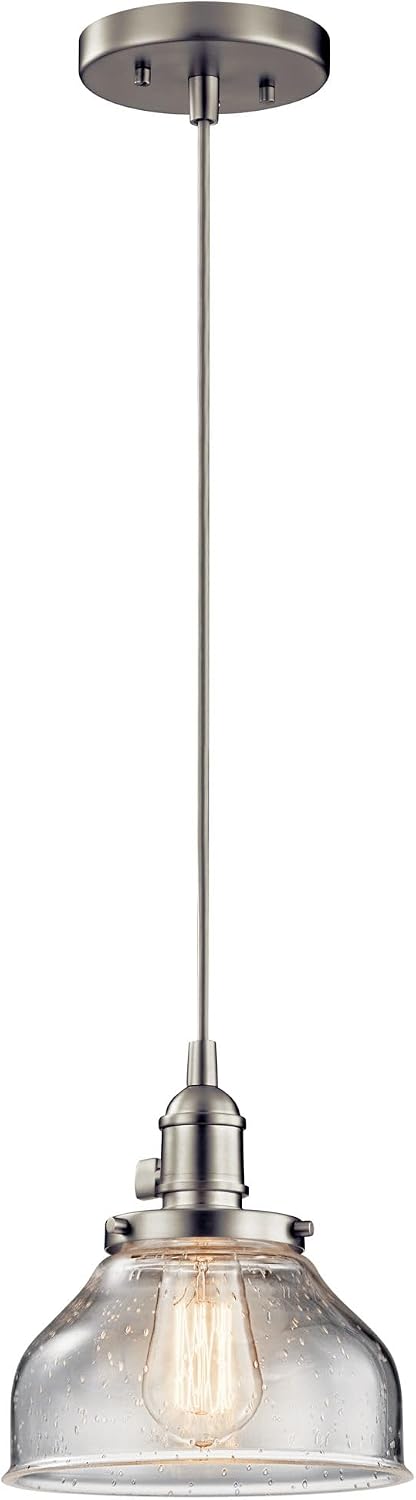 Kichler Avery 1-Light Bell Mini Pendant Light Fixture with Clear Seeded Glass in Brushed Nickel for Kitchen Island Lighting or Dining Room Hanging Lamp (8.5' x 8'), 43850NI
