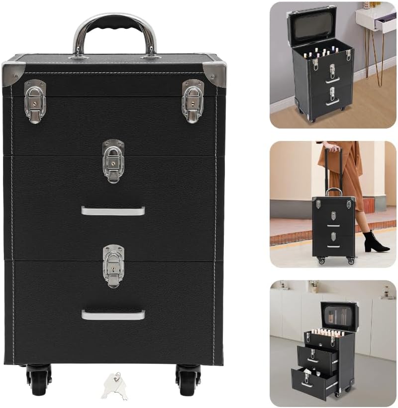 Rolling Makeup Case, Professional Makeup Trolley with 2 Large Drawers and Wheels Cosmetic Organizer Trolley for Studio or Travelling Nail Technician Artists Cosmetologist Stylist (Black, Silver)