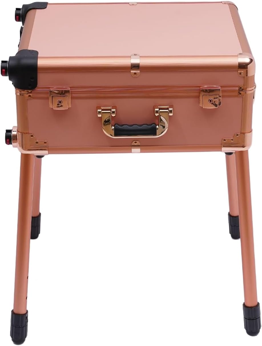 Aluminum Rolling Makeup Train Case with 8 LED Light Mirror Portable Lighted Makeup Vanity Station with Wheels and Stands, Lockable Professional Cosmetic Trolley for Travel (Rose Gold)