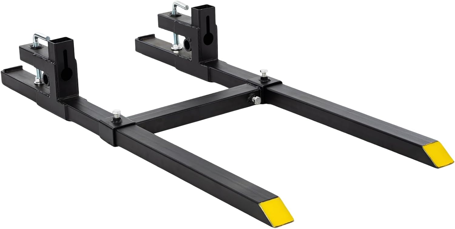 NEWBULIG 60-Inch Pallet Forks Tractor Attachments, 4000LBS Capacity Clamp-On Bucket Pallet Forks with Stabilizer Bar, Heavy-Duty Tractor for Skid Steer Loader, Mini Excavator Attachments, Black