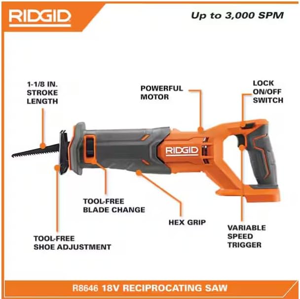 RIDGID 18V Cordless RECIPROCATING Saw KIT with 4.0 AH Battery and Charger R8646K