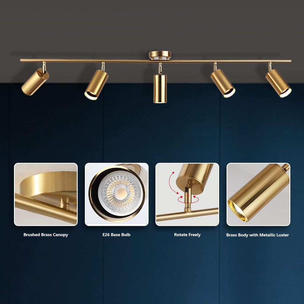 KCO Lighting Modern 5-Lights LED Track Lighting Kit Brushed Brass Kitchen Ceiling Spotlights Light Fixture Mid Century Gold Adjustable Flush Mount Ceiling Spot Light (5 Lights)