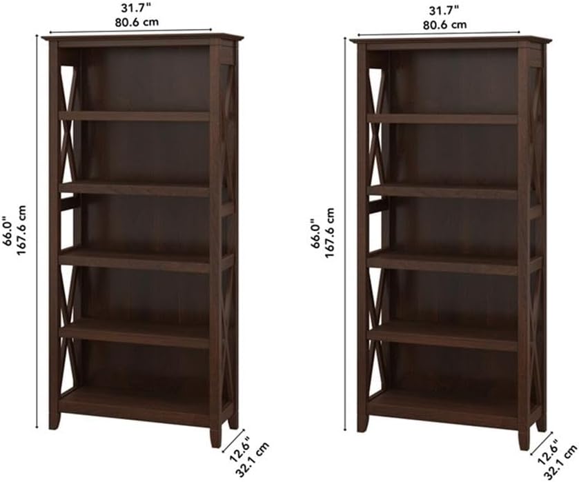 Bush Home Key West 5 Shelf Bookcase - Set of 2 | Tall Bookshelves in Bing Cherry | Sturdy Display Shelves for Library, Living Room, and Home Office