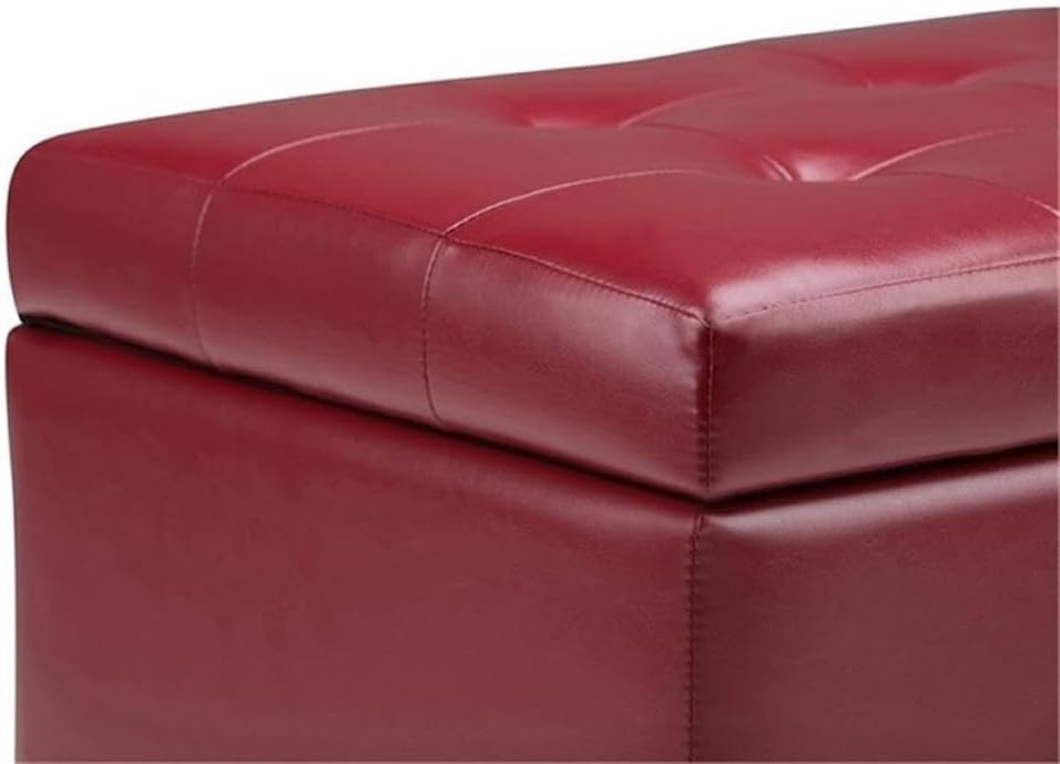 SIMPLIHOME Cosmopolitan Storage Ottoman - 34 inch Wide Upholstered Vegan Leather Rectangle Storage Ottoman Bench in Red, Transitional Tufted Ottoman for Living Room or Entryway with Lift-Up Lid
