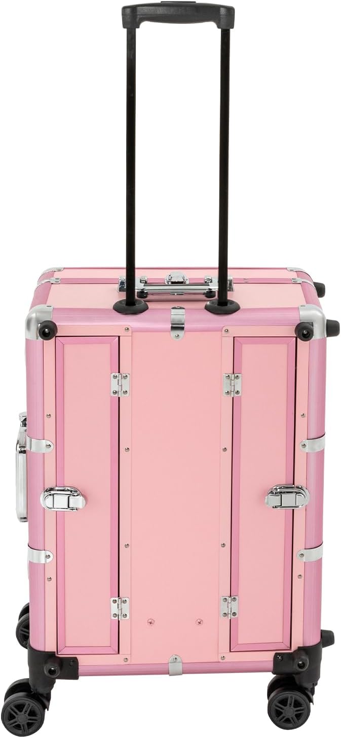 Aluminum Alloy Trolley Makeup Train Case, Rolling Cosmetic Organizer With 8 LED Lights, Lighted Makeup Case Travel Vanity Station, Standing Make up Box With Mirror, Cosmetology Case On Wheels