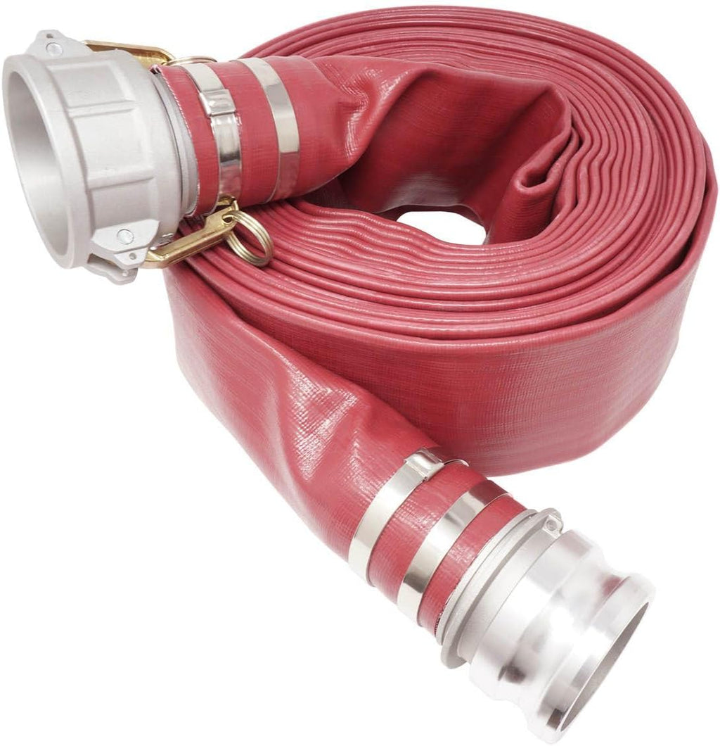 Gloxco 3' x 25′ Red Heavy Duty Lay Flat PVC Discharge Hose Assembly with Aluminum Cam and Groove C and E Fittings