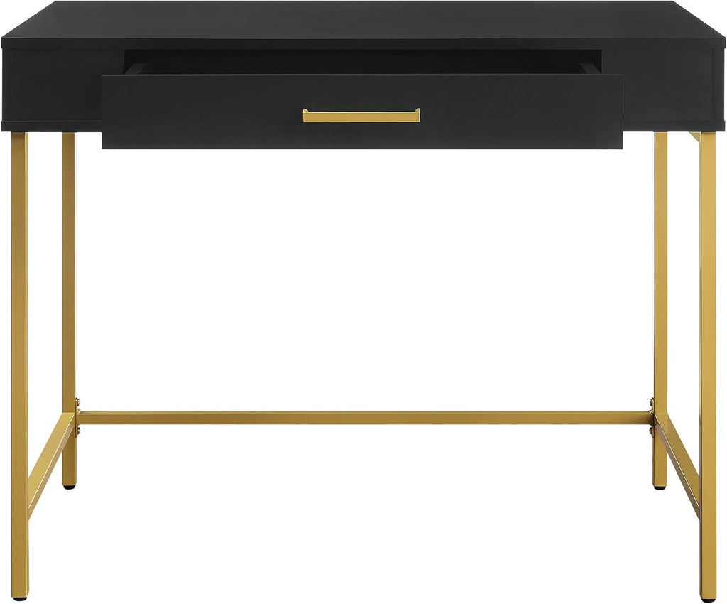 OSP Home Furnishings Modern Life Contemporary Writing Desk with Large Drawer and Gold Metal Legs, Black Finish