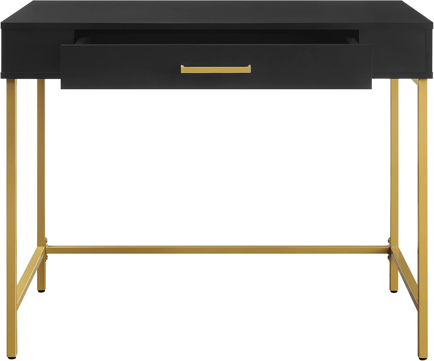 OSP Home Furnishings Modern Life Contemporary Writing Desk with Large Drawer and Gold Metal Legs, Black Finish