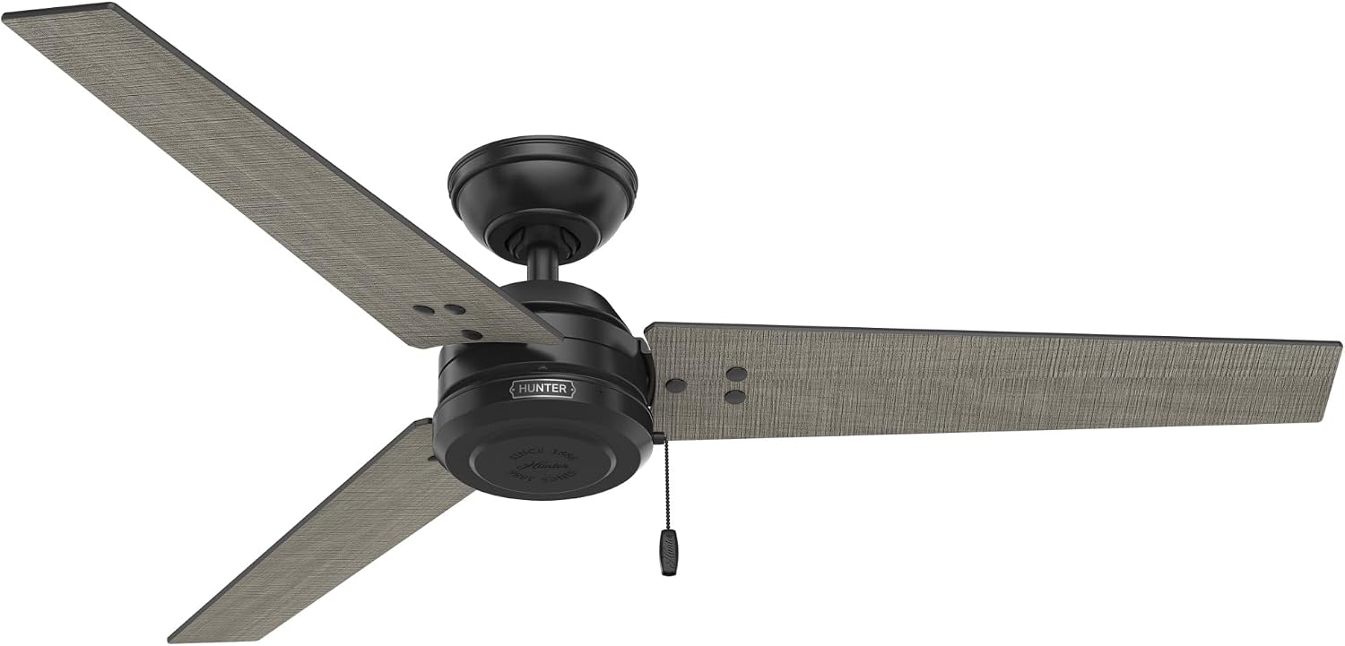 Hunter 52 inch Outdoor or Indoor Ceiling Fan No Light - Black Ceiling Fan without Light, For Patio, Porch, Garage, or Living Room, Standard Mount, 3 Blades, Pull Chain - Cassius 59264, Matte Black