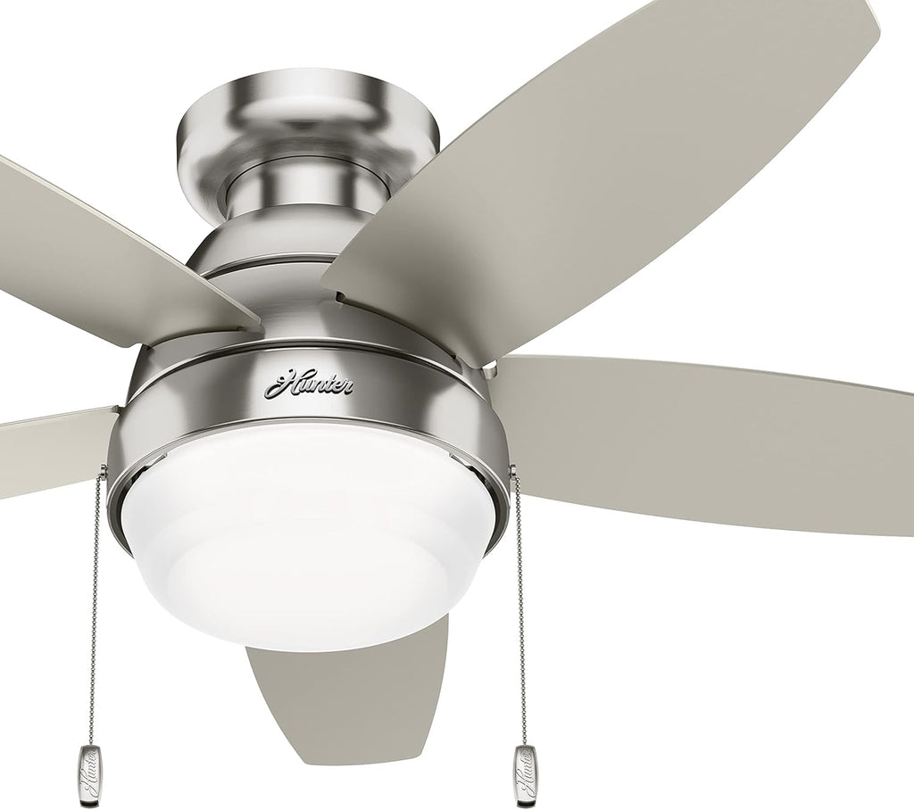 Hunter Fan 44 inch Low Profile Brushed Nickel indoor Ceiling Fan with Light Kit and Pull chains (Renewed)