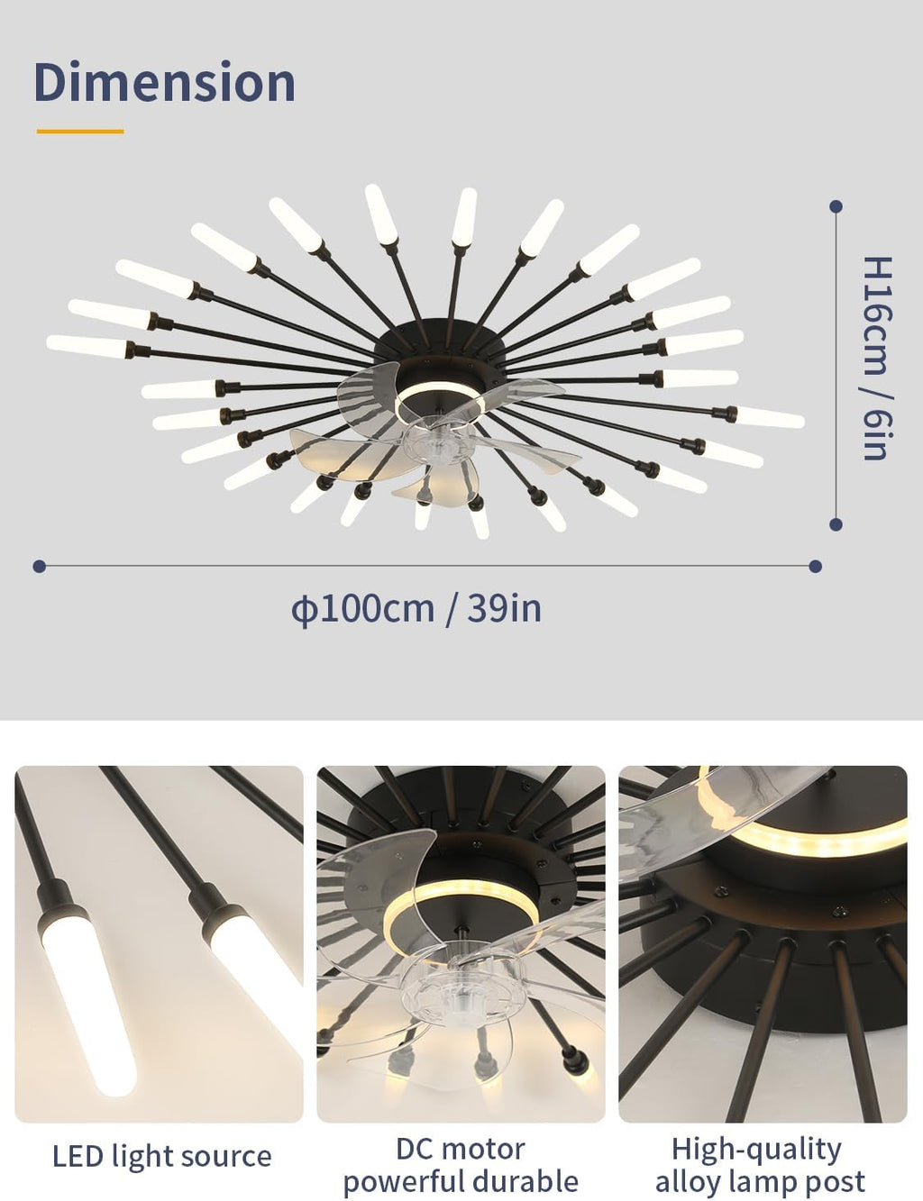 39' Modern Ceiling Fan with Lights and Remote, Low Profile Ceiling Fans with Tri-Color Light 6-Speed Wind, Flush Mount Ceiling Fan with Led Light for Living Room Bedroom Dining Room，Black