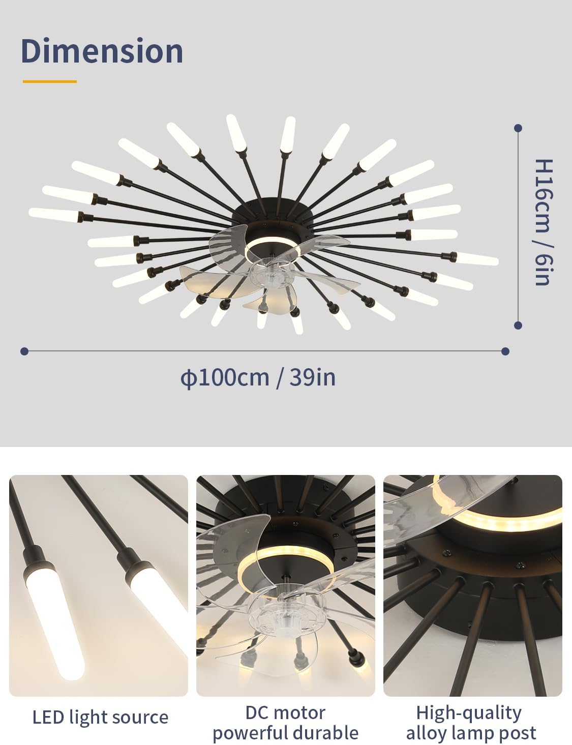 39' Modern Ceiling Fan with Lights and Remote, Low Profile Ceiling Fans with Tri-Color Light 6-Speed Wind, Flush Mount Ceiling Fan with Led Light for Living Room Bedroom Dining Room，Black