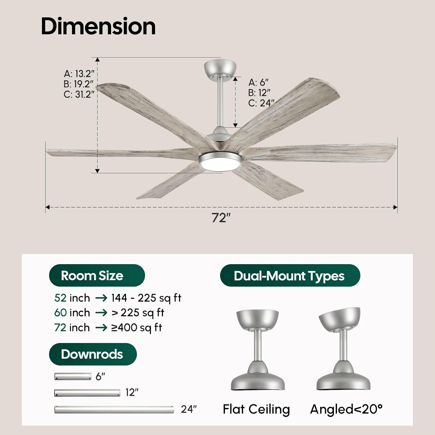 72 Inch Smart Ceiling Fan with Light, Remote/Alexa/APP Control, Rustic 6 Solid Wood Blades, ETL Listed Quiet DC Motor, 9268 CFM Large Airflow, for Indoor High Ceiling, Outdoor Covered Patio