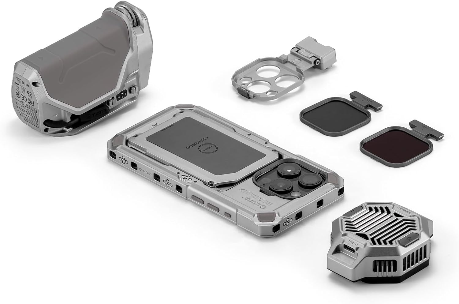 Tilta Khronos Advanced Kit Compatible with iPhone 15 Pro - Titanium White | Phone Case, Cooling Fan, ND Filter, PD Focus Handle