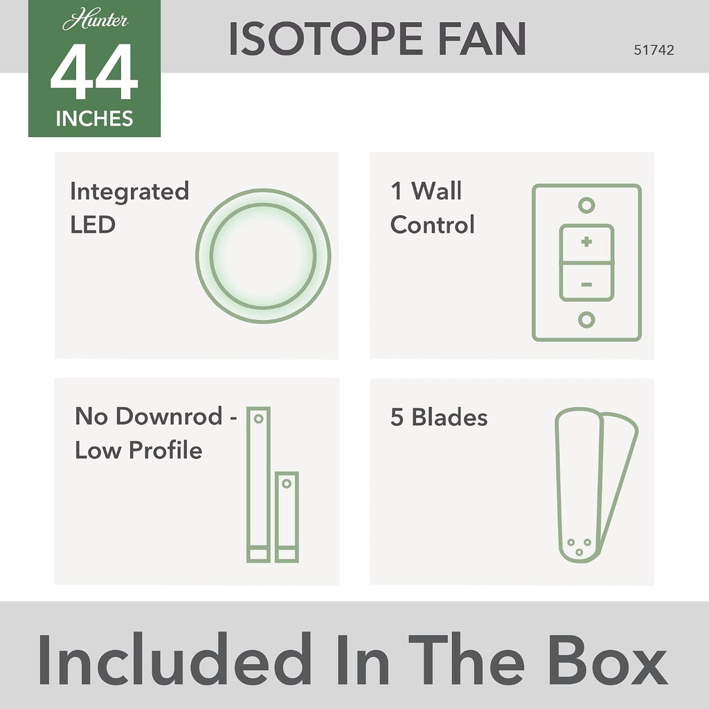 Casablanca 44 inch Indoor Ceiling Fan with LED Light - Low Profile Flush Mount Ceiling Fan for Bedroom, Living Room, or Kitchen, Wall Control, 5 Blades, Includes Bulb - Isotope 51742, Matte Nickel