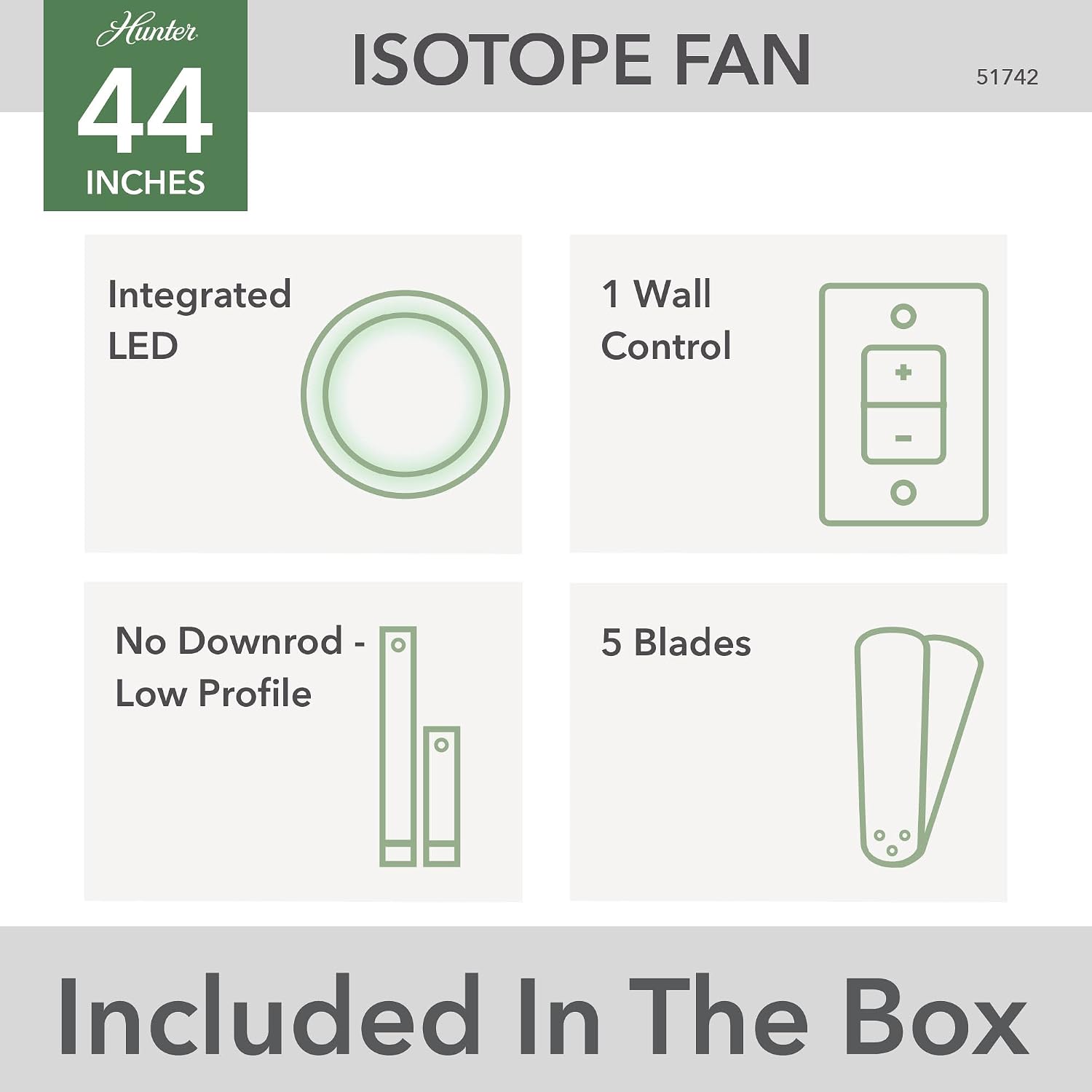 Casablanca 44 inch Indoor Ceiling Fan with LED Light - Low Profile Flush Mount Ceiling Fan for Bedroom, Living Room, or Kitchen, Wall Control, 5 Blades, Includes Bulb - Isotope 51742, Matte Nickel